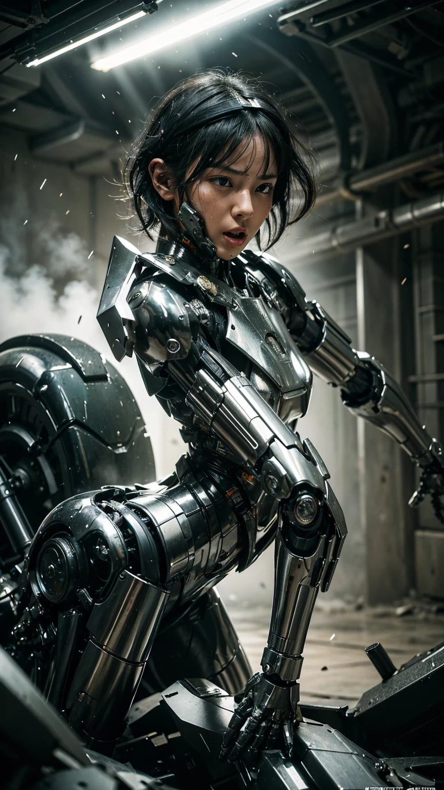 Textured skin, Very detailed, Attention to detail, high quality, 最high quality, High resolution, 1080P, hard disk, beautiful,(War Machine),beautifulサイボーグ女性,Mecha Cyborg Girl,Battle Mode,Girl with a mechanical body　Black Hair　Short Hair Boyish　Dark green armor　Sweaty and wet face　(Being slammed into a wall)(Headgear breaks and flies off)　(Debris flying away)Steam coming from the head　Steam coming out of the whole body　Painful expression　Please open your mouth wide　Snug-fitting headgear　Black Inner Suit　Full body portrait　Close-fitting gas mask