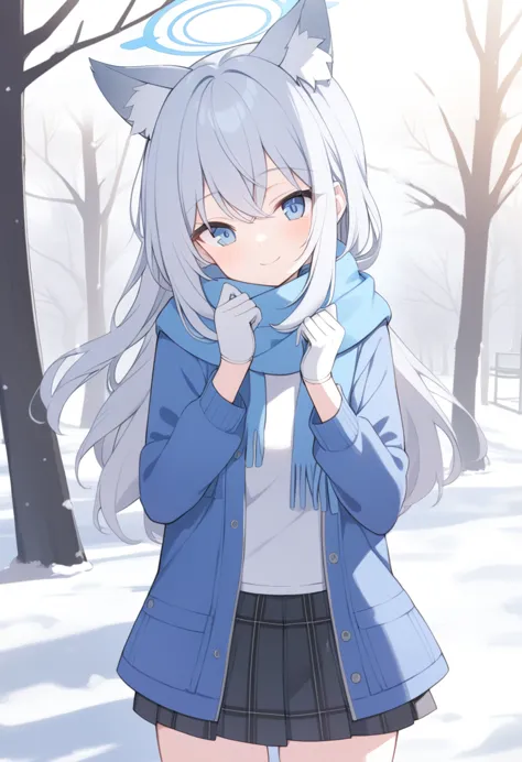 girl，silver long hair, blue eyes, wearing a blue hooded jacket,戴着blue hood，a sky blue scarf, a white t-shirt, white gloves, and ...