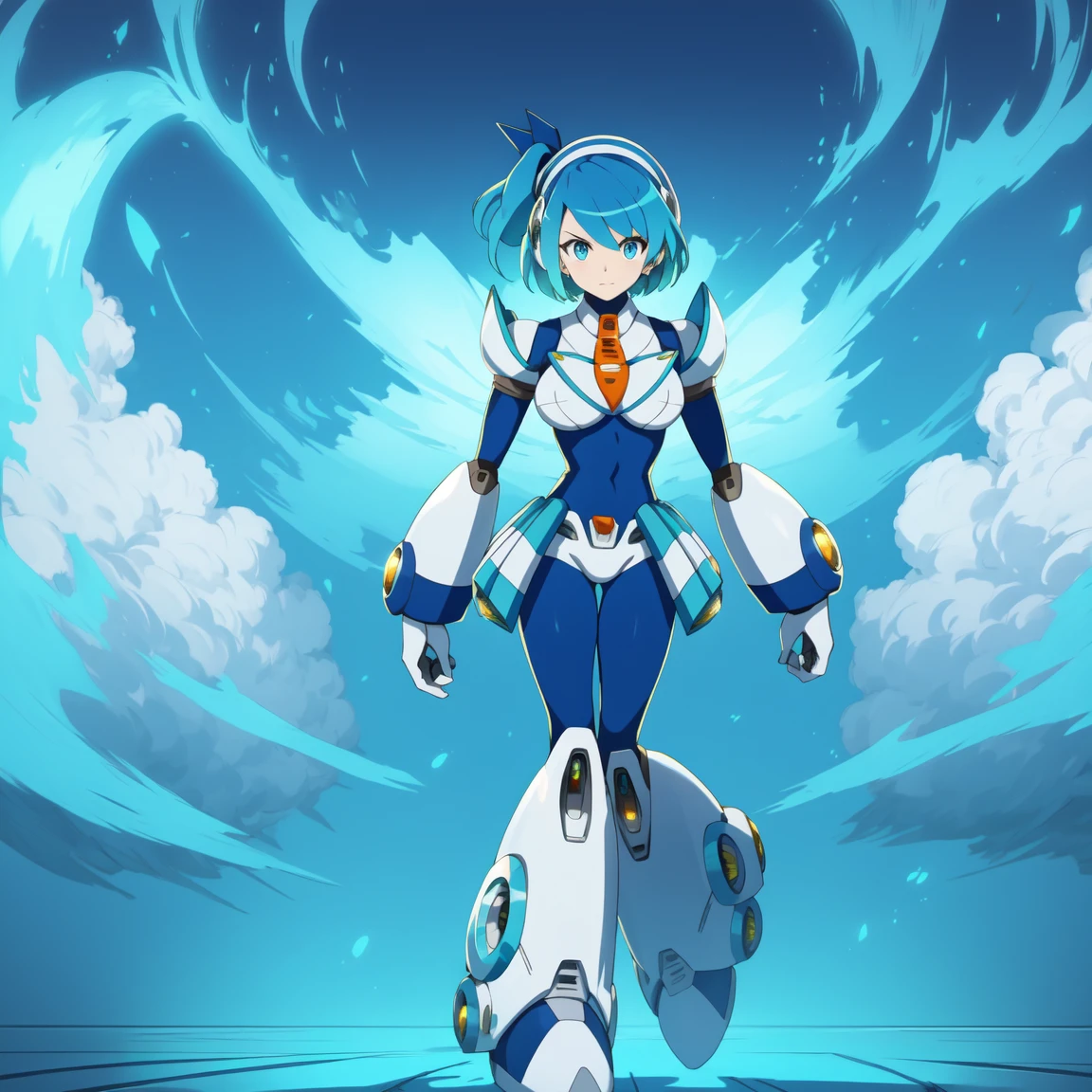 rico_megamanxdive, 1girl, solo, blue eyes, short hair, blue hair, android, high quality, masterpiece, standing with green flames coming from a tree