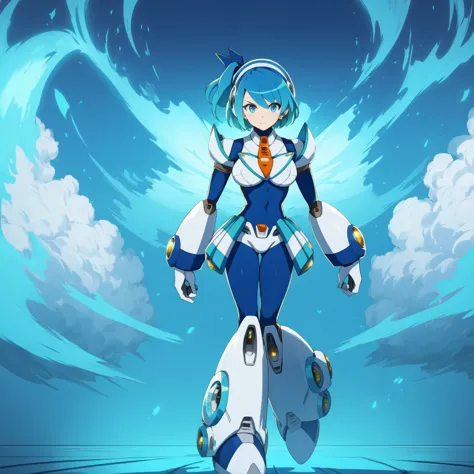 rico_megamanxdive, 1girl, solo, blue eyes, short hair, blue hair, android, high quality, masterpiece, standing with green flames...