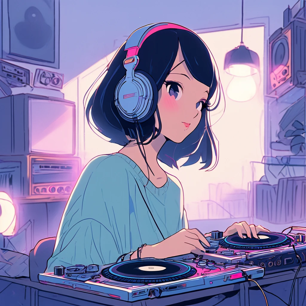 mulher japonesa, Corte de cabelo curto, DJing, fones de ouvido, toca discos, sala, sozinho, aconchegante, luzes, música, Energético, focado, moderno, à moda, roupa casual