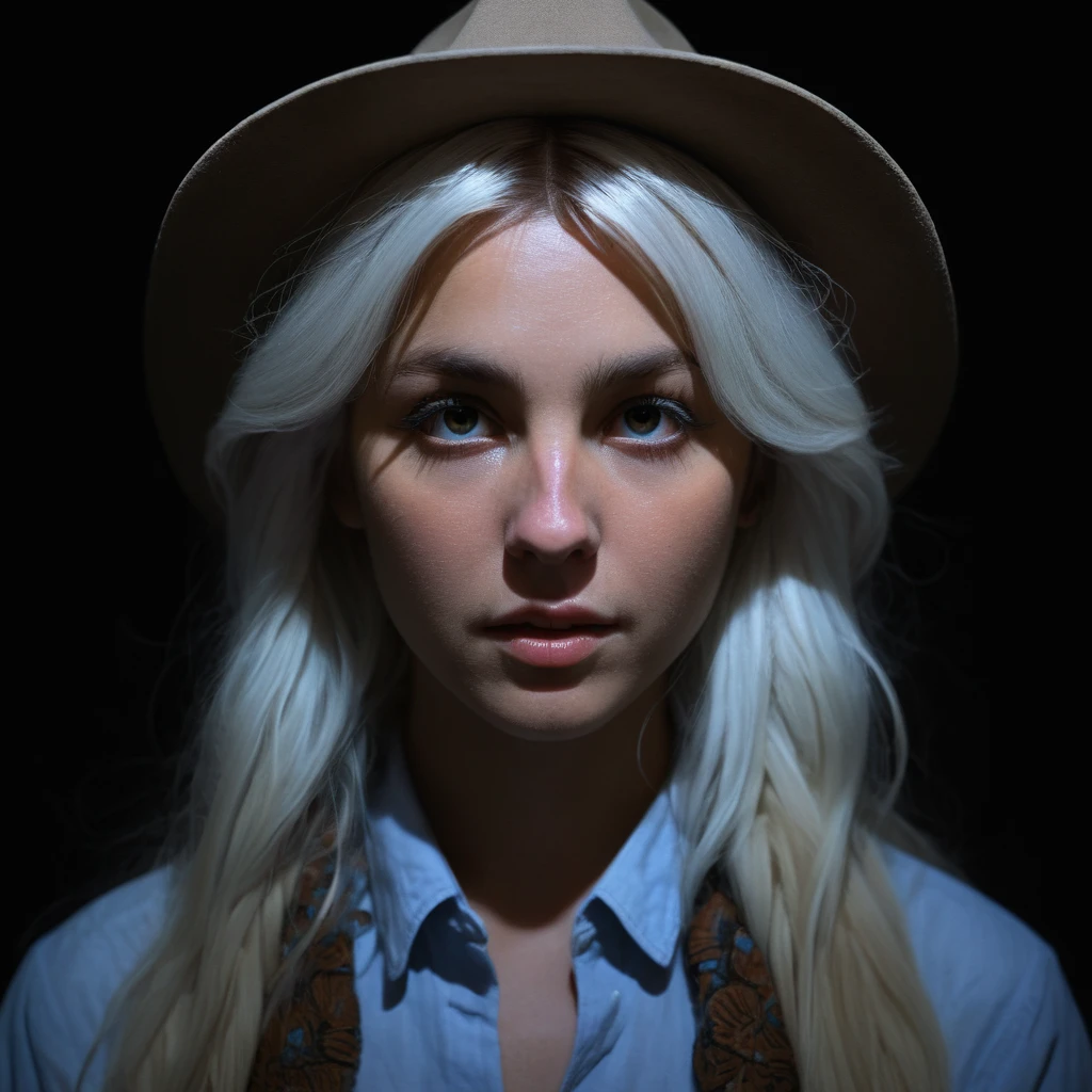 (front focus),(in the dark:1.6), Hyperrealist portrait of female by david hockney and alphonse mucha,fantasy art, photo realistic, dynamic lighting, artstation, poster, volumetric lighting, very detailed faces, 4 k, award winning,, 1girl, in the dark, deep shadow, low key,cowboy shot,(official clothing:1.4) ,long hair,white hair,  