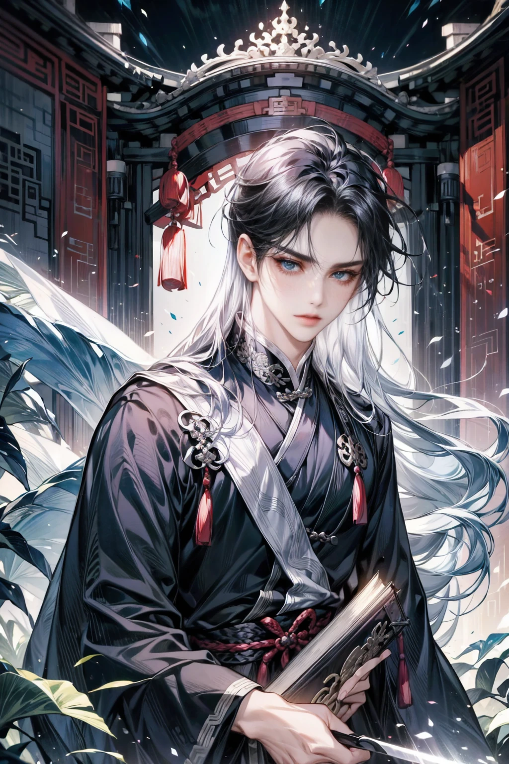 1 boy holds a book in his hand, long black hair，black dress，alone，（nighttime：1.2）long white hair, blue eyes,Chinese folk tales，Swordsman，