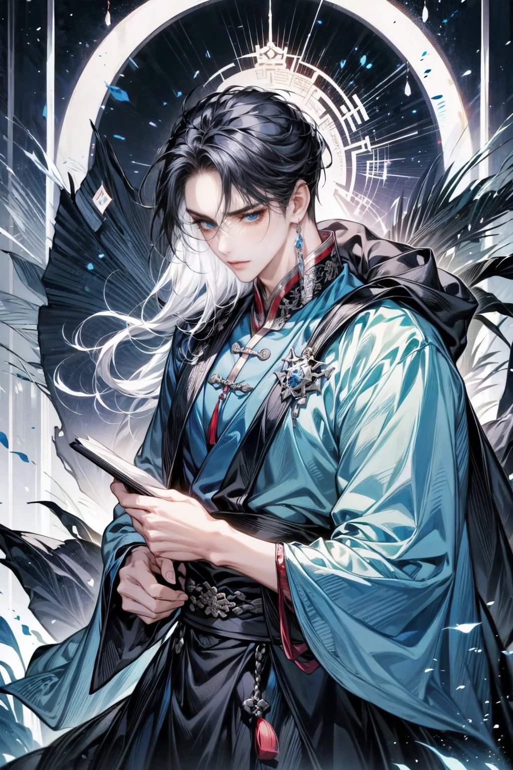 1 boy holds a book in his hand, long black hair，black dress，alone，（nighttime：1.2）long white hair, blue eyes,Chinese folk tales，Swordsman，