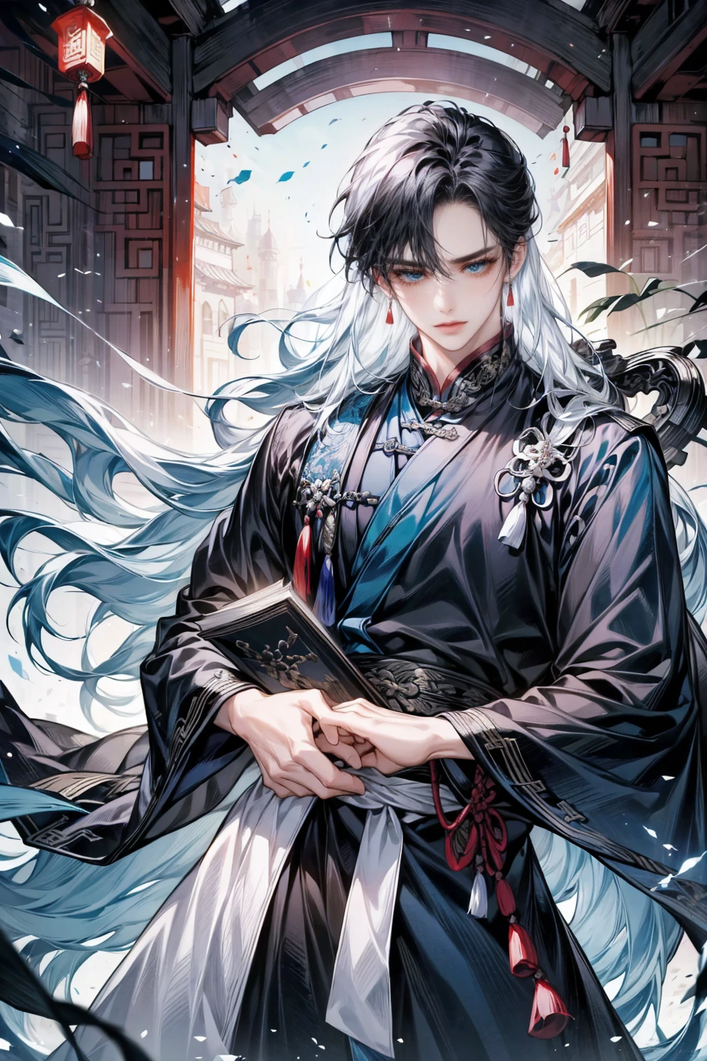 1 boy holds a book in his hand, long black hair，black dress，alone，（nighttime：1.2）long white hair, blue eyes,Chinese folk tales，Swordsman，