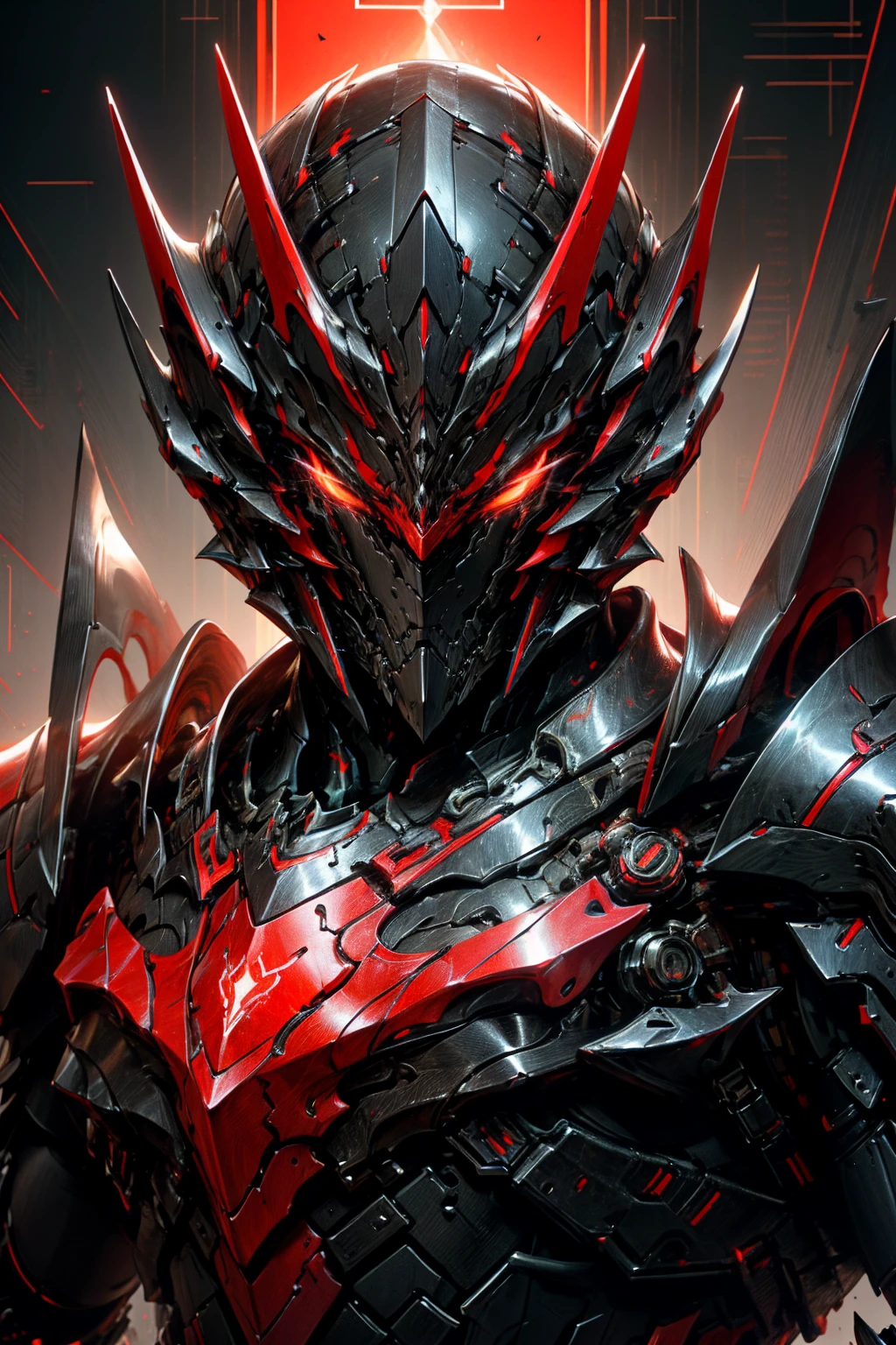 a close up of a person in armor with a red light, black and red armor, futuristic armor, black armor, dark armor, black and red reflected armor, corrupted armor, holy armor, red armor, demon armor, dark futuristic, intricate assasin mecha armor, angular metal armor, minimal design armor style, wearing futuristic armor, mecha suit