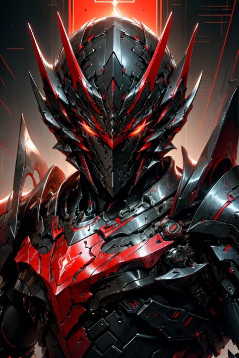 a close up of a person in armor with a red light, black and red armor, futuristic armor, black armor, dark armor, black and red ...