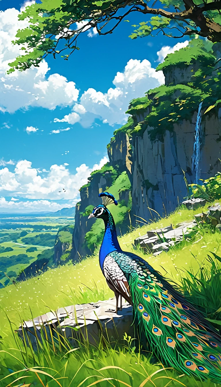 Ein Pfau, der unter einem Baum in der Nähe einer Klippe auf einer Wiese sitzt , einen weiten blauen Himmel mit flauschigen Wolken und Pinselstrichen sehen , hohe Gräser Steine, , Makoto Shinkai Cyril Rolando, Anime-Kunst-Hintergrundbild 4k, Anime-Kunst-Hintergrundbild 4k, animierter Hintergrund, Anime-Kunst-Hintergrundbild 8k, animierter Hintergrund art, Anime Landschaft Tapete, tolle Tapete, HD-Hintergrund, 4K-Anime-Hintergrundbild, 4K-Anime-Hintergrundbild, Widder Moross Kunst,Kunst von Bob Byerley , shabbychic, Greg Rutkowski(Weit oben in der Perspektive)(Brokeh-Effekt)