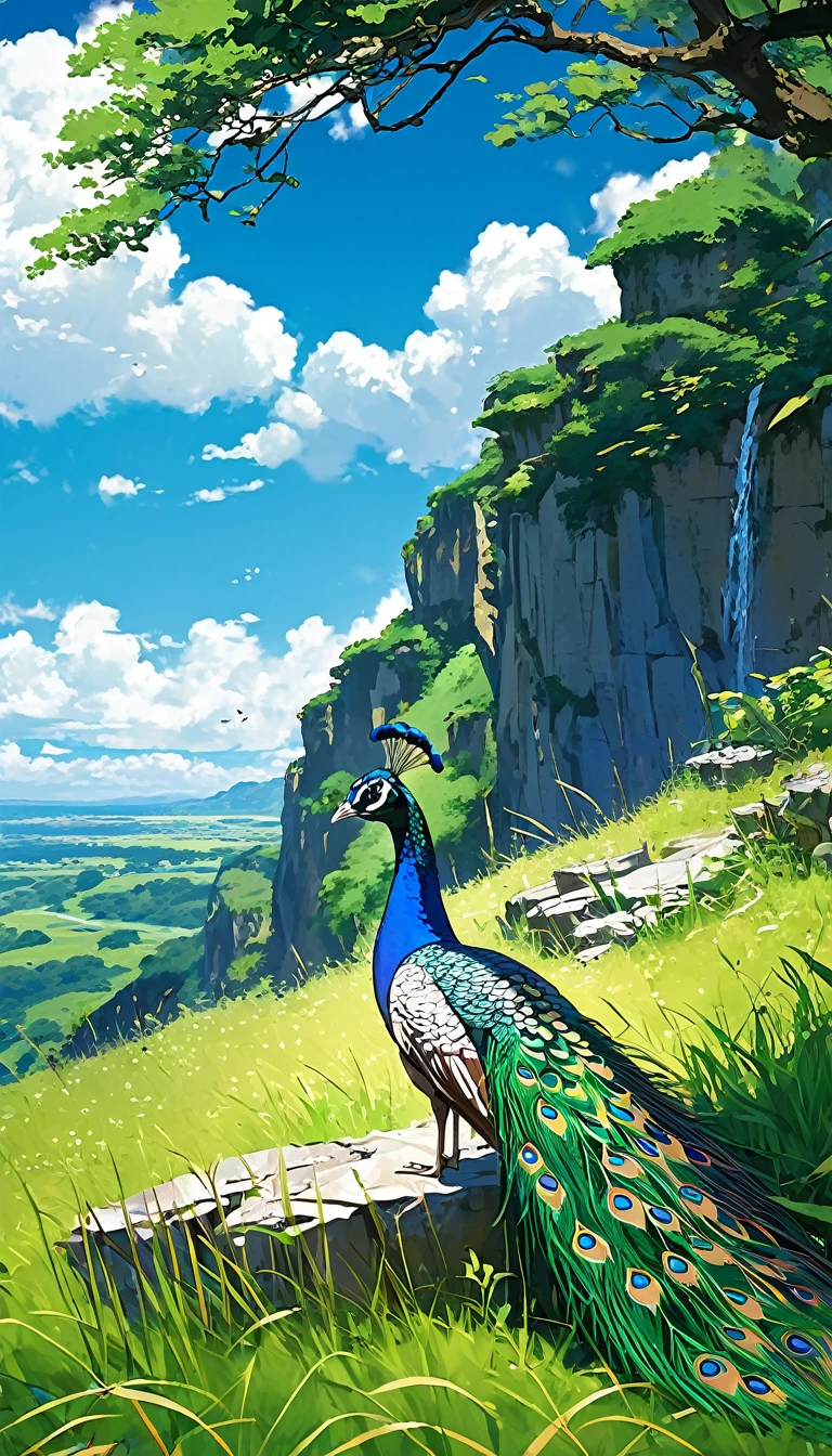 a peacock sitting under a tree near a cliff in a meadow , seeing a vast blue sky with fluffy clouds and brush strokes , tall grasses stones, , makoto shinkai cyril rolando, anime art wallpaper 4k, anime art wallpaper 4k, animated background, anime art wallpaper 8K, animated background art, Anime Landscape Wallpaper, amazing wallpaper, HD wallpaper, 4k anime wallpaper, 4k anime wallpaper, Aries Moross art,art by Bob Byerley , AshleyWoodArtAI, greg rutkowski(far top angle view)(brokeh effect)