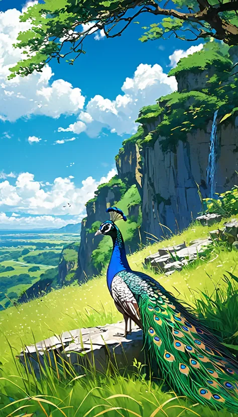 a peacock sitting under a tree near a cliff in a meadow , seeing a vast blue sky with fluffy clouds and brush strokes , tall gra...