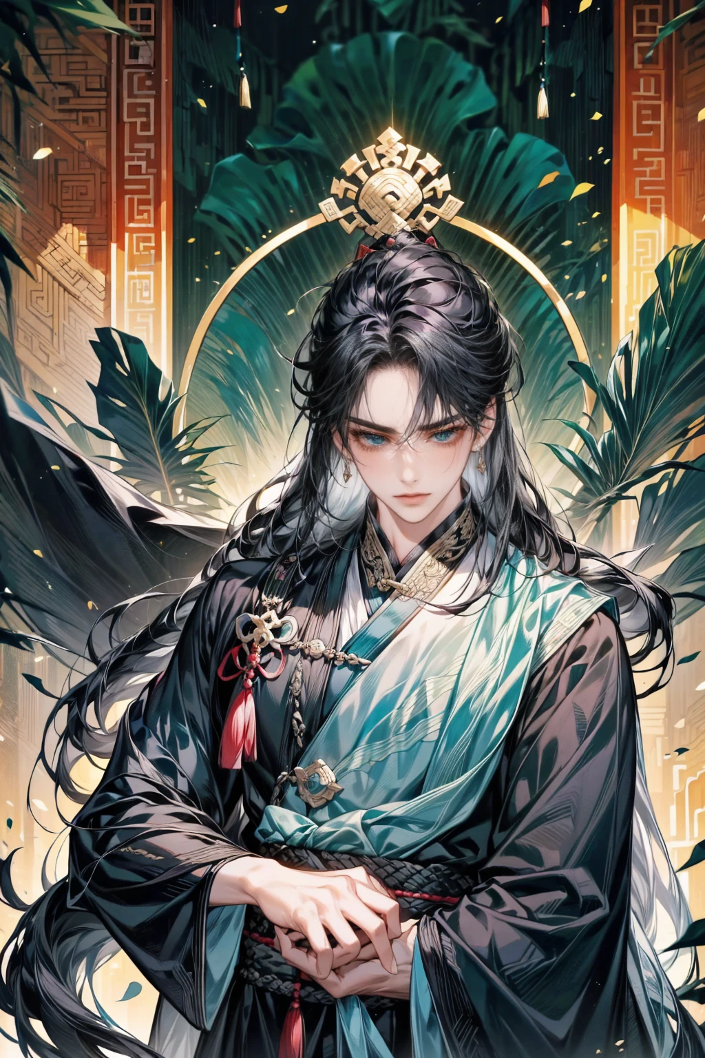 1 boy holds a Ogi Fan in his hand, long black hair，black hair, thick hair, thick black long hair,green dress，alone，bamboo,slim figures, ancient chinese house,（nighttime：1.2）long white hair, blue eyes,Chinese folk tales，Swordsman，savant,wise man