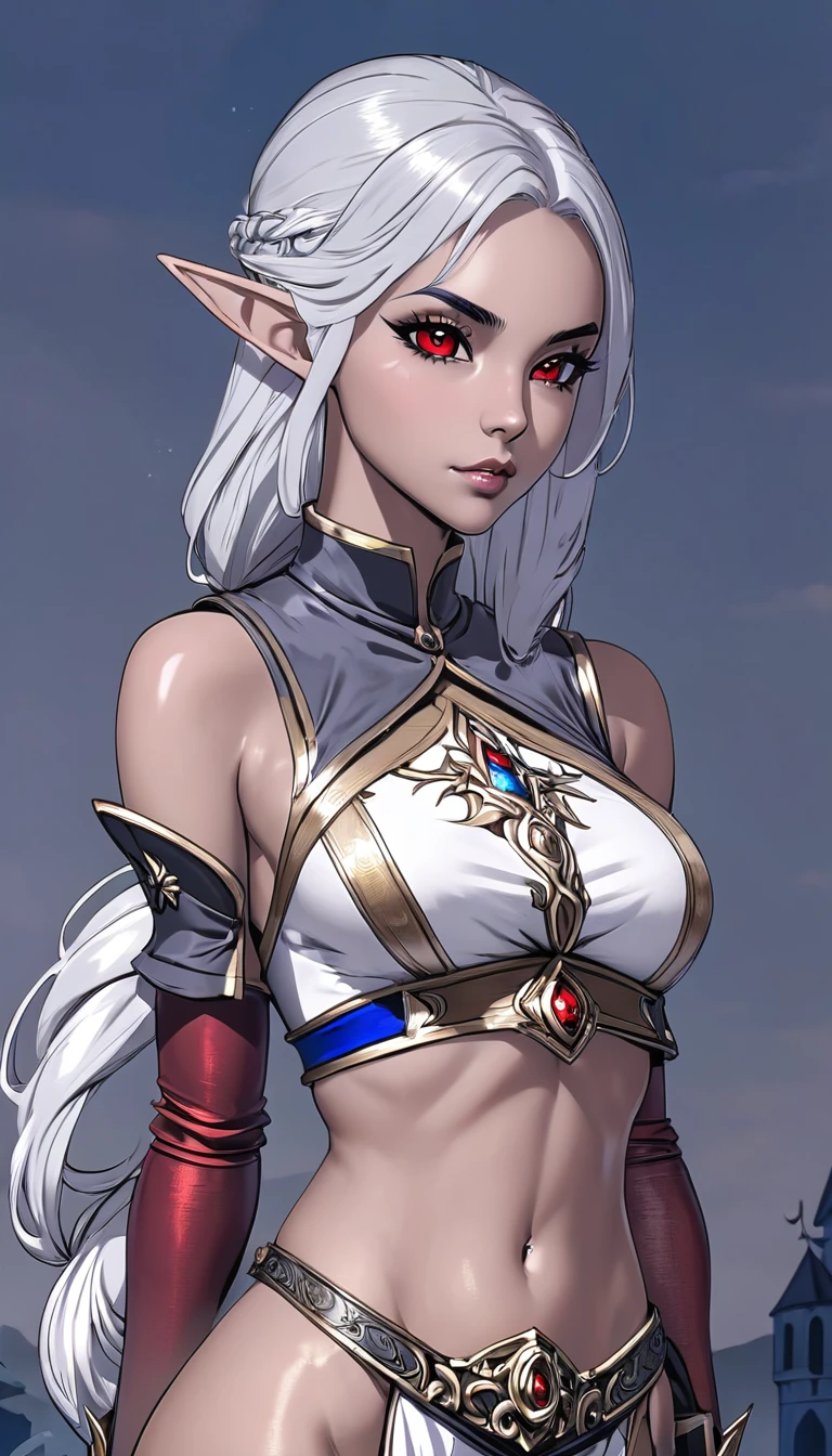 1girl, cute and young, beautiful girl, (grey skin), dark elf skin, grey skin color, dark elf girl, white hair, perfect body, skinny, red eyes, nice chest, nice , white and beige medieval fantasy clothing, blue background, RPG, fantasy 