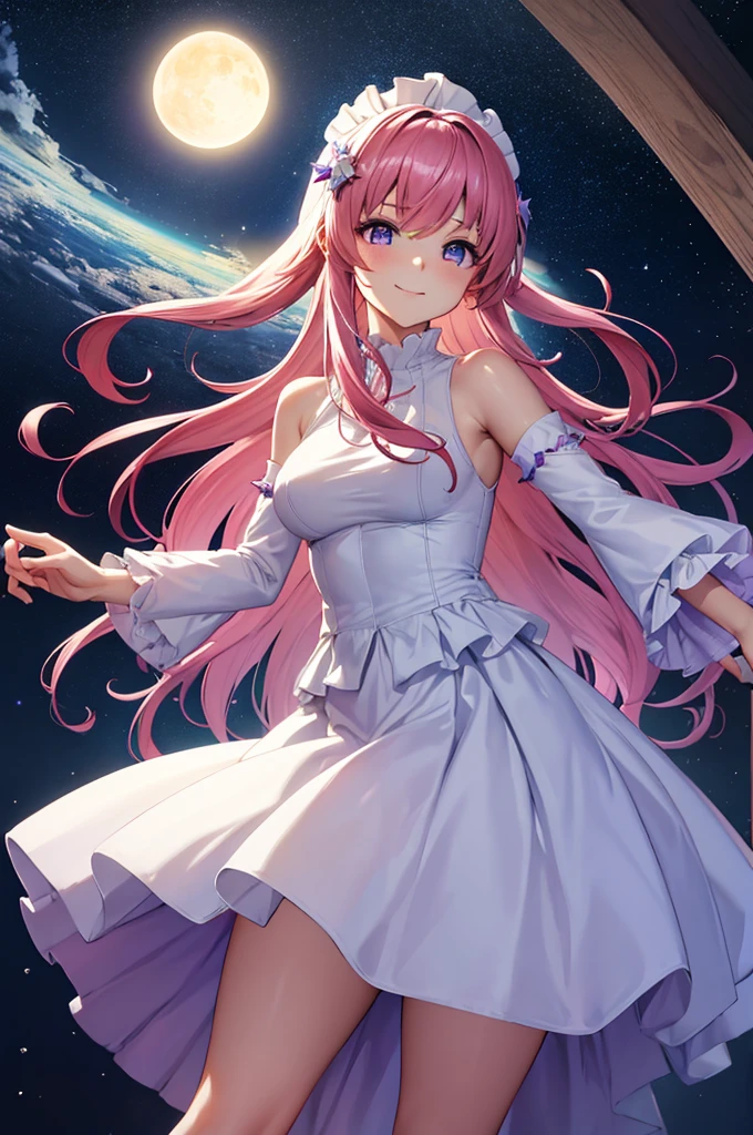 (masterpiece:1.3), (best quality:1.1), (8k, ultra detailed, ultra high res:1.2), ((anime style)), (perfect 5 fingers, perfect anatomy), 1girl,
BREAK long hair, 
pink hair, medium breasts, 
purple eyes, 
BREAK white dress, long sleeves, white sleeves, frills frilled skirt, frilled sleeves, detached sleeves, bare shoulders, purple skirt, purple frills,
looking at viewer, smile, standing, 
cowboy shot, perfect light, 
BREAK (detailed background:1.2), outdoor, outside, space, sun, star, the cosmos, galaxy, 