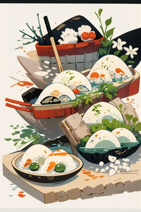 illustration: simple woodblock printing style. nigiri sushi rice is shaped into small balls and then raw fish or other seafood i...