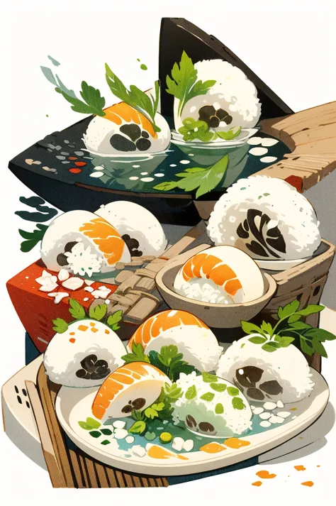 illustration: simple woodblock printing style. nigiri sushi rice is shaped into small balls and then raw fish or other seafood i...