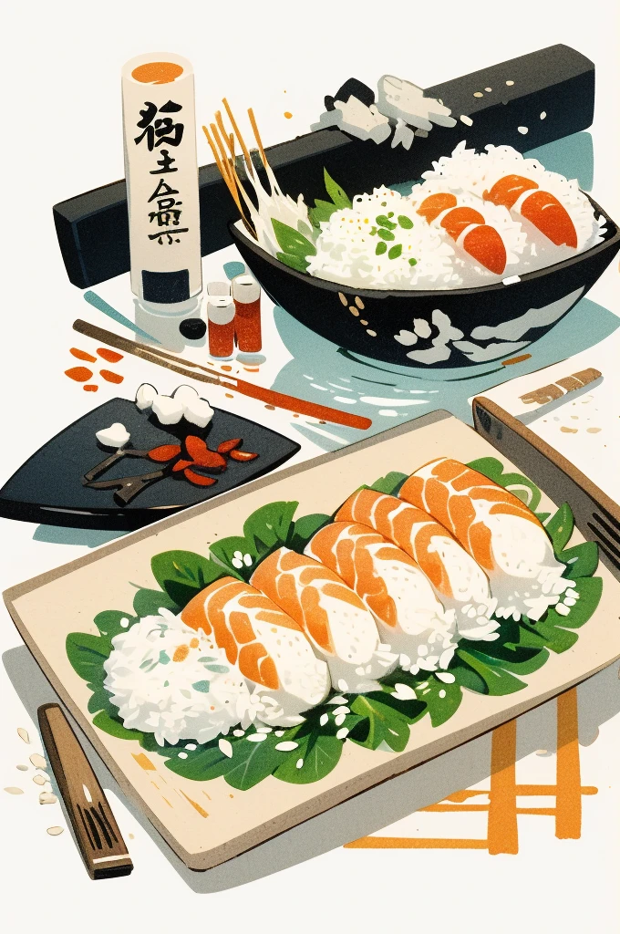 Illustration: Simple woodblock printing style. Nigiri sushi rice is shaped into small balls and then raw fish or other seafood is placed on top of the rice. Wasabi is often used between the rice and fish. Sometimes a seaweed rope may be used to tie them. 1 pair placed on a wooden tray with a wasabi stick and a soy sauce bottle.