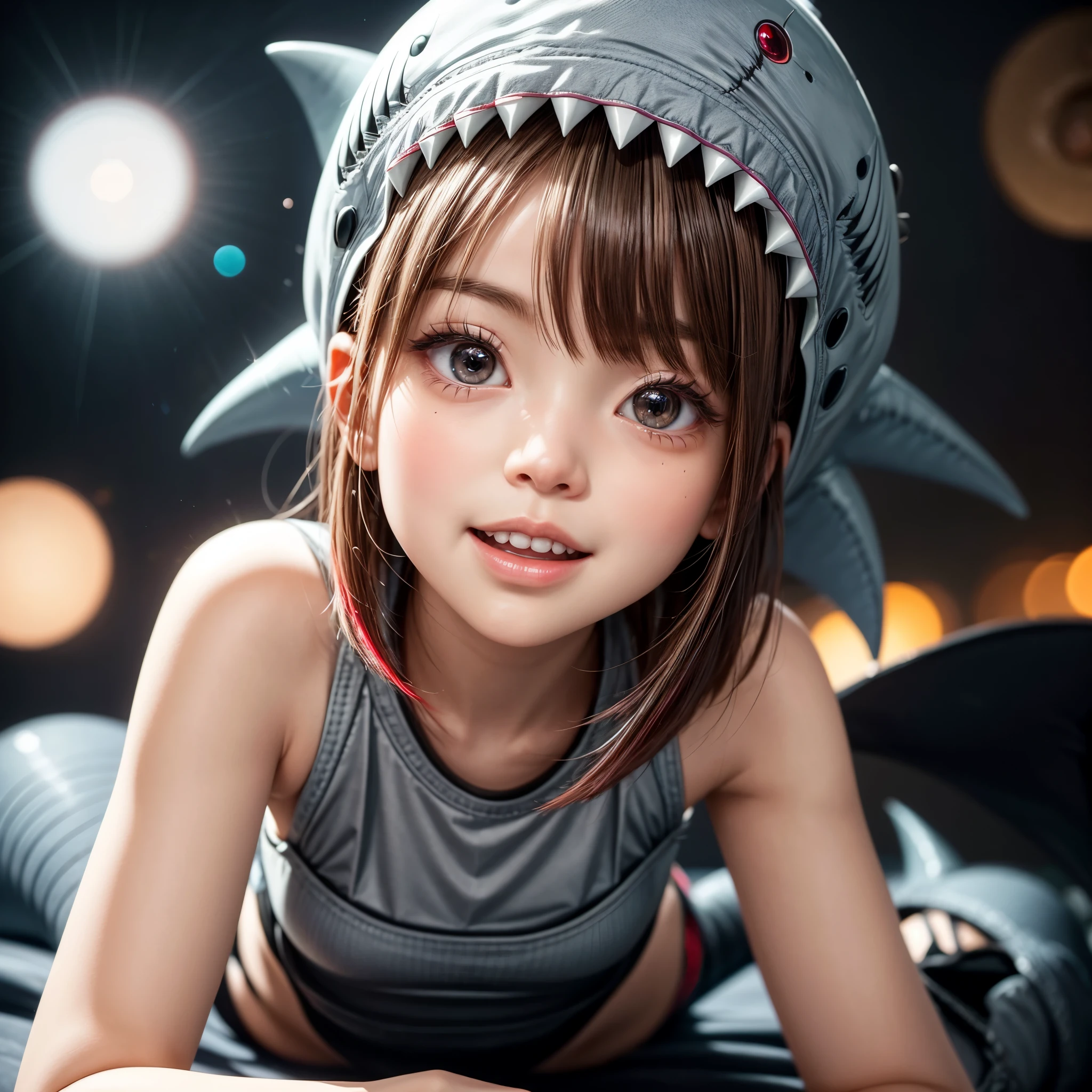 ((Skinny Shark BodySuit, (Stuffed shark head hat)with White Teeth)), 8k, High-level, absurd, masterpiece, best quality, primitive, very detailed CG, very detailed wallpaper, perfect lighting, Extremely detailed ((( personifying " Shark" as a Little Girl))), MysticSight, Tyndall effect, Tyndall scattering, (Studio gray background with (Overflowing oodles Dazzling RainbowColorParticles (BokeH))), (Blood Red short hair, RoundlyButts, Leg Fins installed), (Exposed:0.4), (Assfocus with looking ahead) BREAK  (Acutance:0.88), (NOGIZAKA face variations) Extremely Detailed very KAWAII face variations, perfect anatomy, Childish, CaptivatingGaze ElaboratePupils detailed Eyes with (sparkling highlights:1.28), (Voluminous LongEyelashes:0.88)、GlossyRED Lips with beautiful details, RosyCheeks, Radiant PearlSkin with Transparency . { (Dynamic LifeLike expressions:1.4) | (:d) }, (large eyes:-1) . ((animal ears:-1.2))