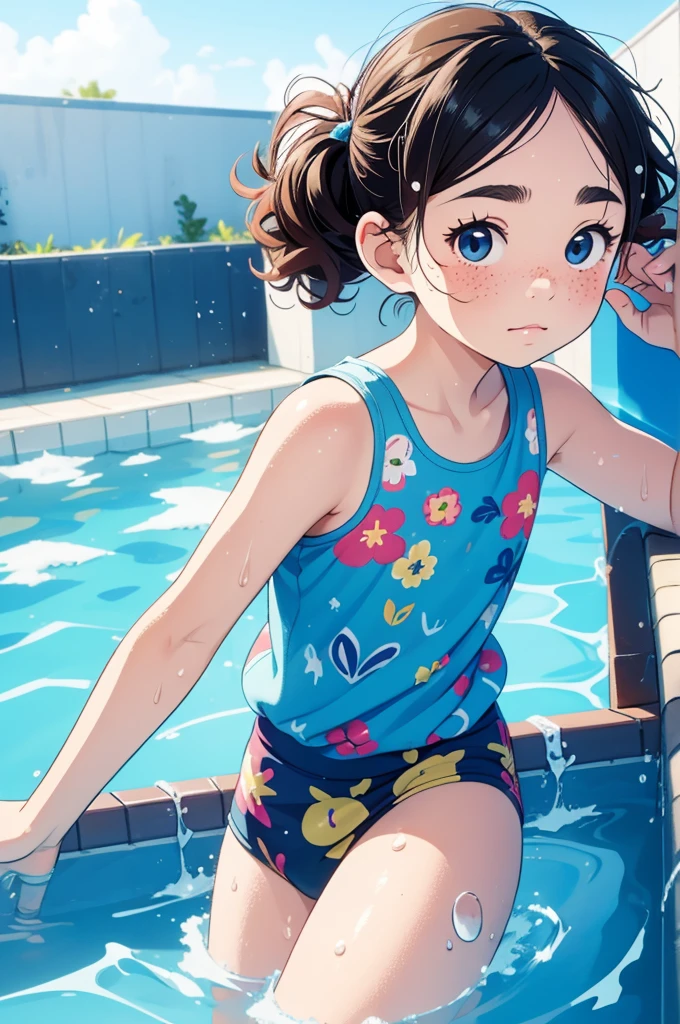masterpiece，Highest quality，Cute doodles，Hilarious, Honor student, 8-year-old，Low length，Curly Hair, Twin tail hair，Vibrant, inquisitive eyes，freckles，Thick eyebrows，Open Fly，Swim in a simple pool in your garden，Jojo Fashion，Water gun，Wet body，たくさんのsplash，Water Drop，enjoy playing in the water，splash，