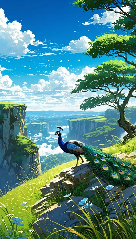 a peacock sitting under a tree near a cliff in a meadow , seeing a vast blue sky with fluffy clouds and brush strokes , tall gra...