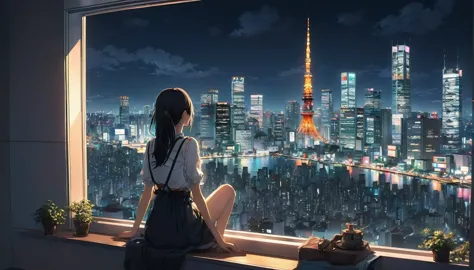 anime girl sitting on a window sill looking out at a city, 4k anime wallpaper, View of Tokyo buildings at night、. anime, anime a...