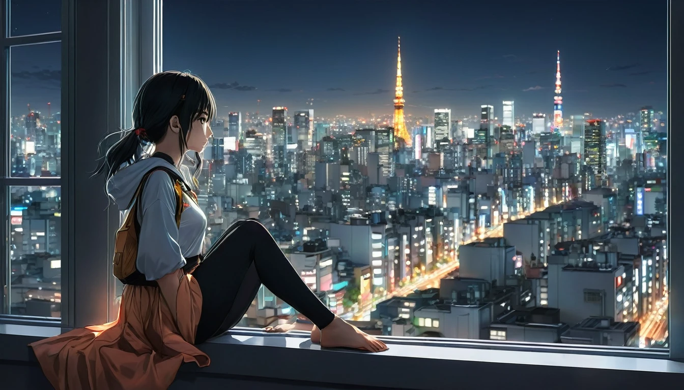 anime girl sitting on a window sill looking out at a city, 4k anime wallpaper, View of Tokyo buildings at night、. anime, anime art wallpaper 4k, anime art wallpaper 4 k, anime art wallpaper 8 k, anime wallpaper 4k, anime wallpaper 4 k, 4K Manga Wallpapers, anime background, anime style 4 k, beautiful anime scene, anime background art