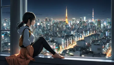 anime girl sitting on a window sill looking out at a city, 4k anime wallpaper, View of Tokyo buildings at night、. anime, anime a...