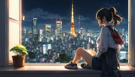 anime girl sitting on a window sill looking out at a city, 4k anime wallpaper, View of Tokyo buildings at night、. anime, anime a...