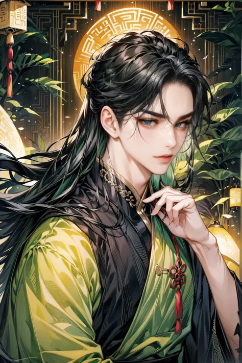 1 boy holds a Ogi Fan in his hand, long black hair，black hair, thick hair, thick black long hair,green dress，alone，bamboo forest...
