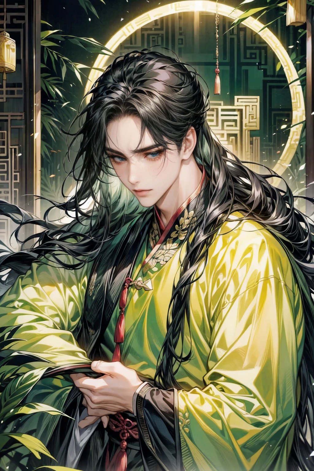 1 boy holds a Ogi Fan in his hand, long black hair，black hair, thick hair, thick black long hair,green dress，alone，bamboo forest,slim figures, ancient chinese house,（nighttime：1.2）long black hair, black eyes,Chinese folk tales，savant,wise man