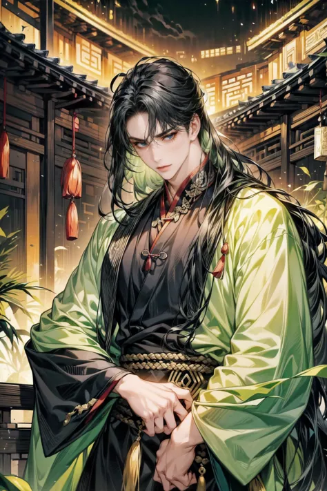 1 boy holds a Ogi Fan in his hand, long black hair，black hair, thick hair, thick black long hair,green dress，alone，bamboo forest...