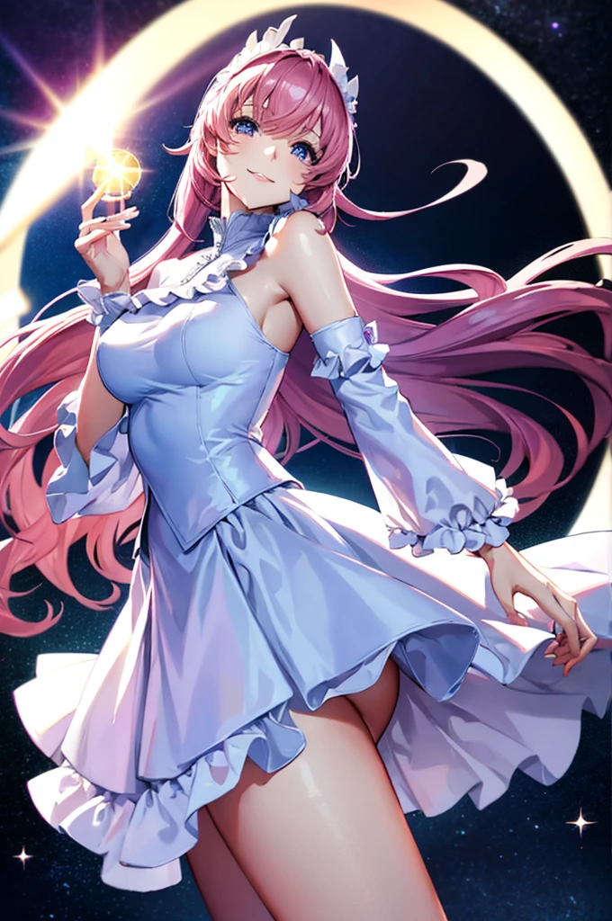 (masterpiece:1.3), (best quality:1.1), (8k, ultra detailed, ultra high res:1.2), ((anime style)), perfect 5 fingers, perfect anatomy, 1girl,
BREAK long hair, pink hair, medium breasts, purple eyes, 
BREAK white dress, long sleeves, white sleeves, frills frilled skirt, frilled sleeves, detached sleeves, bare shoulders, purple skirt, purple frills,
looking at viewer, smile, standing, 
cowboy shot, perfect light, 
BREAK (detailed background:1.2), outdoor, outside, space, sun, star, the cosmos, galaxy, 