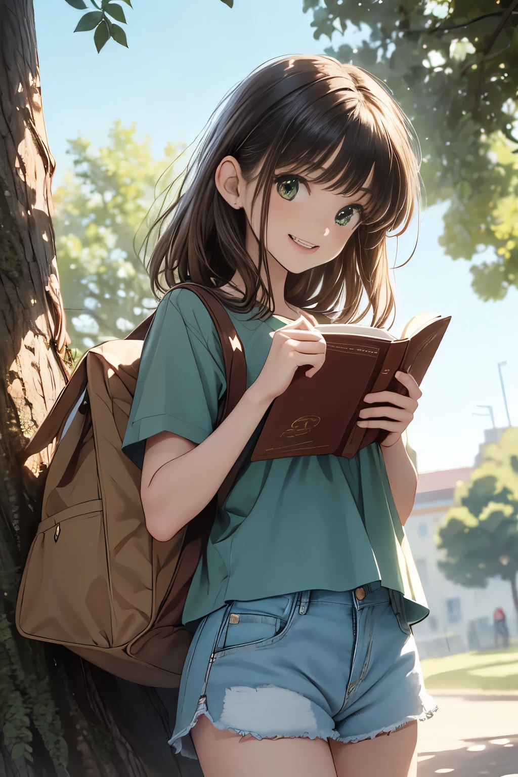 masterpiece, Highest quality, Super detailed), Portrait of an 18 year old woman with light brown hair, Green round eyes, Beige blouse and blue jeans、Smiling Blue Shorts、Singing from under the tree (Leaning against a tree) And read the Brown Book - Auto Ultra Realistic -  