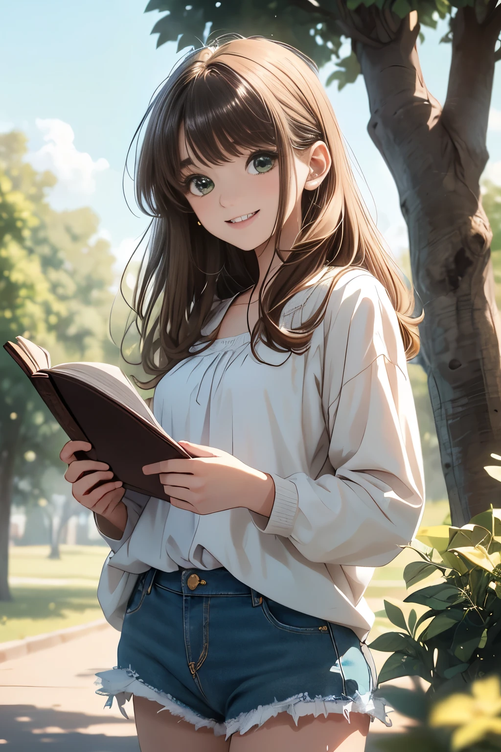 masterpiece, Highest quality, Super detailed), Portrait of an 18 year old woman with light brown hair, Green round eyes, Beige blouse and blue jeans、Smiling Blue Shorts、Singing from under the tree (Leaning against a tree) And read the Brown Book - Auto Ultra Realistic -  