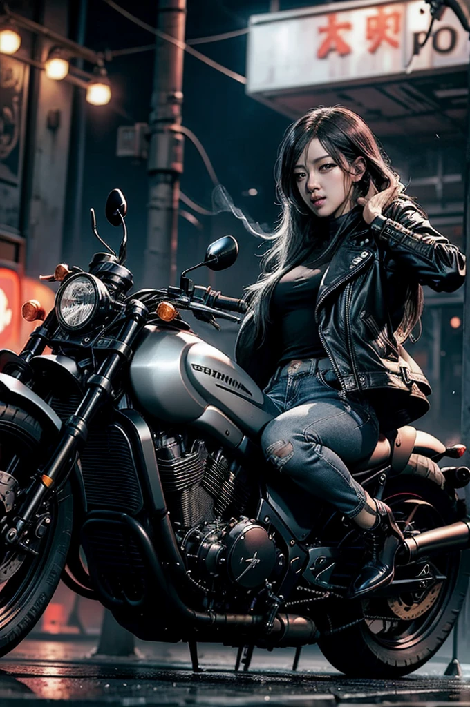 Paisaje urbano inspirado en Akira: Una mujer libertina con una chaqueta de cuero negra y jeans rotos conduce con confianza una elegante motocicleta Triumph por una calle urbana arenosa., tubo de escape echando humo, Luces de neón que se reflejan en el pavimento mojado. El personaje de Park Shin Hye, un supervillano calculador, se sienta a horcajadas sobre una motocicleta amenazante, ojos fijos fijamente en el jinete mientras ella acelera, dejando un rastro de caos.