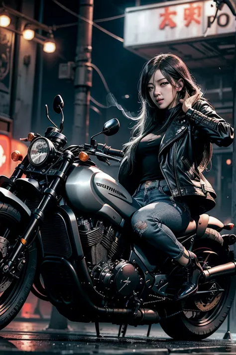 Akira-inspired cityscape: A raffish woman in a black leather jacket and ripped jeans confidently rides a sleek Triumph motorcycl...