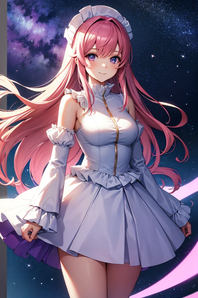 (masterpiece:1.3), (best quality:1.1), (8k, ultra detailed, ultra high res:1.2), ((anime style)), perfect 5 fingers, perfect anatomy, 1girl,
BREAK long hair, pink hair, medium breasts, purple eyes, 
BREAK white dress, long sleeves, white sleeves, frills frilled skirt, frilled sleeves, detached sleeves, bare shoulders, purple skirt, purple frills,
looking at viewer, smile, standing, 
cowboy shot, perfect light, 
BREAK (detailed background:1.2), outdoor, outside, space, sun, star, the cosmos, galaxy, 