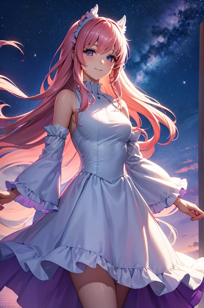 (masterpiece:1.3), (best quality:1.1), (8k, ultra detailed, ultra high res:1.2), ((anime style)), perfect 5 fingers, perfect anatomy, 1girl,
BREAK long hair, pink hair, medium breasts, purple eyes, 
BREAK white dress, long sleeves, white sleeves, frills frilled skirt, frilled sleeves, detached sleeves, bare shoulders, purple skirt, purple frills,
looking at viewer, smile, standing, 
cowboy shot, perfect light, 
BREAK (detailed background:1.2), outdoor, outside, space, sun, star, the cosmos, galaxy, 