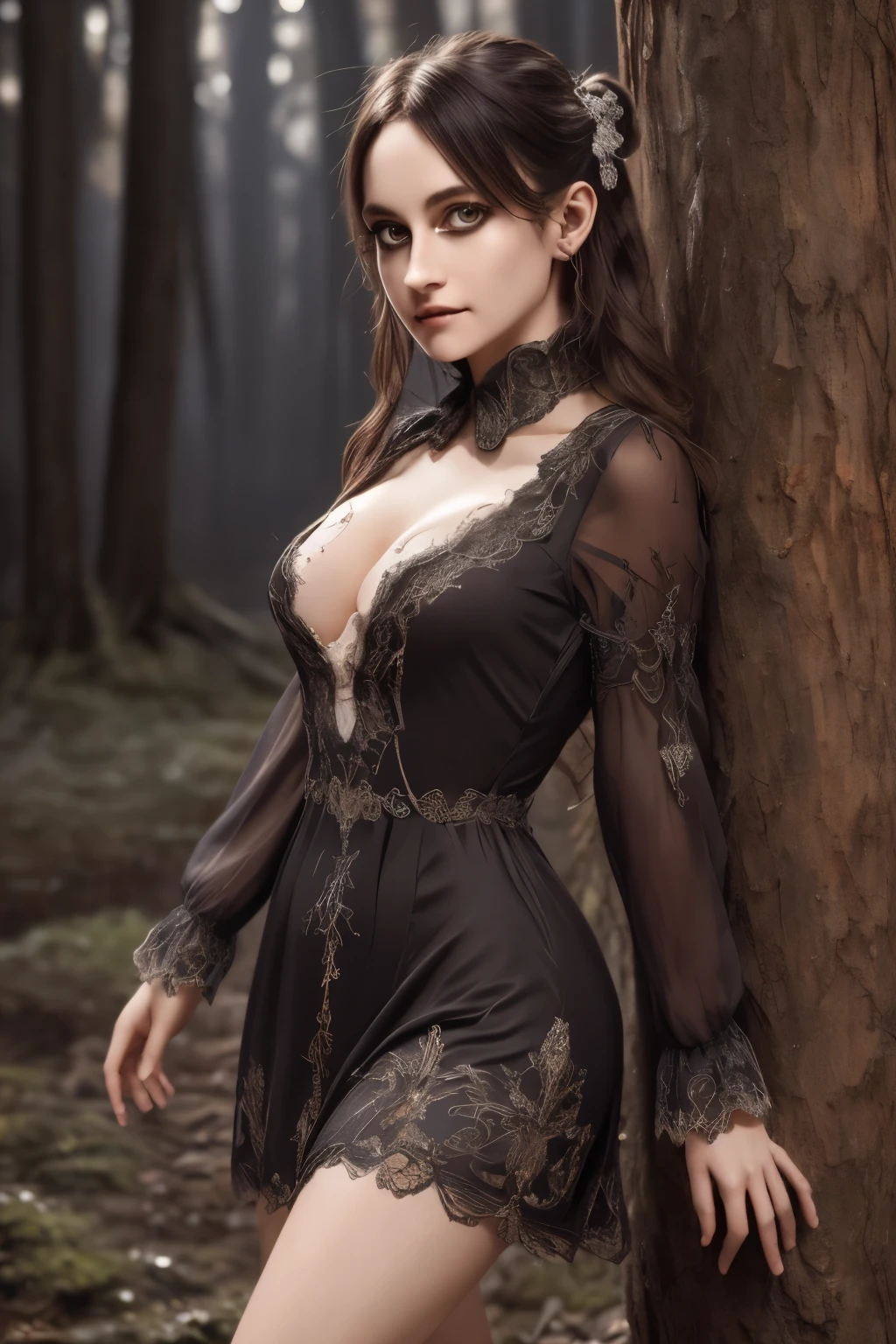 (Super detailed,ultra high resolution,detailed background)),ancient city,dark forest at night,spooky,Chill,Inspiration,1 girl,wearing a minidress、Wearing a white collared long-sleeved blouse、