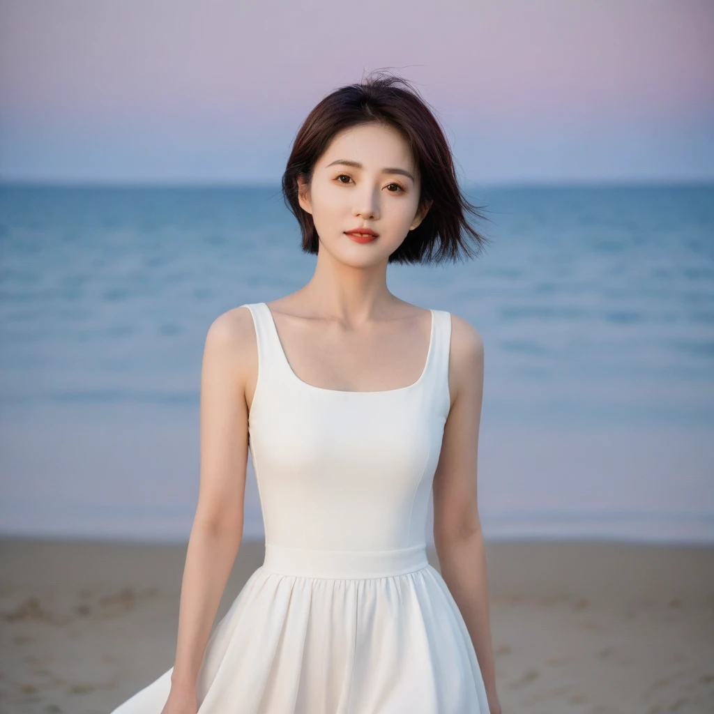 Full body photo of a beautiful 46-year-old Korean woman, Chest size 34 inches, Wear rolled-up sleeveless tops, light and pale white skirt, sunset red light on the beach，afterglow on the sea beach beach sunset red sun，A strong lingering scent is reflected in the sea., Beautiful 46-year-old short Korean woman, Short medium hair blowing in the wind,Full-body photo taken from afar with a wide-angle lens, The background of the waves is clean and perfect., waves moved by the wind, best high definition