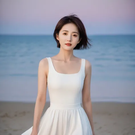 Full body photo of a beautiful 46-year-old Korean woman, Chest size 34 inches, Wear rolled-up sleeveless tops, light and pale wh...