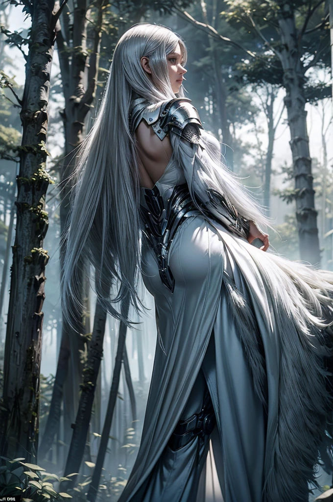 CLOSE UP: A stunning white-haired cyborg priestess, encased in sleek Pearl-White cyberarmor, strides through the misty forest. Her silver locks cascade down her back as she walks, her piercing gaze fixed on some unknown horizon. The lighting is dim, with shafts of sunlight filtering through the trees, casting an ethereal glow on her mechanized beauty.