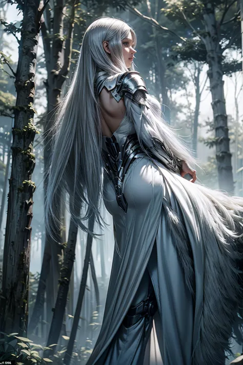 CLOSE UP: A stunning white-haired cyborg priestess, encased in sleek Pearl-White cyberarmor, strides through the misty forest. H...