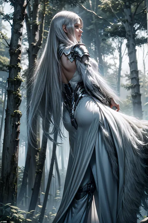 close up: a stunning white-haired cyborg priestess, encased in sleek pearl-white cyberarmor, strides through the misty forest. h...