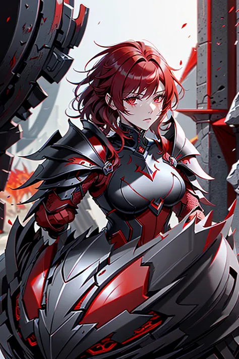 a drawing of a character in armor with red and black hair, black armour e vermelha, black and reddish color armor, demonic drago...