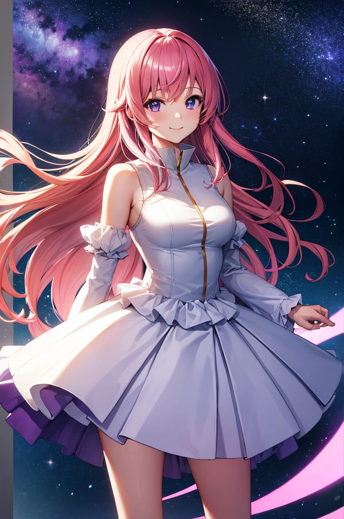 (masterpiece:1.3), (best quality:1.1), (8k, ultra detailed, ultra high res:1.2), ((anime style)), perfect 5 fingers, perfect anatomy, 1girl,
BREAK long hair, pink hair, medium breasts, purple eyes, (smile), 
BREAK white dress, long sleeves, frilled skirt, frilled sleeves, detached sleeves, bare shoulders, purple skirt,
looking at viewer, smile, standing, 
cowboy shot, perfect light, 
BREAK (detailed background:1.2), outdoor, outside, space, sun, star, the cosmos, galaxy, 