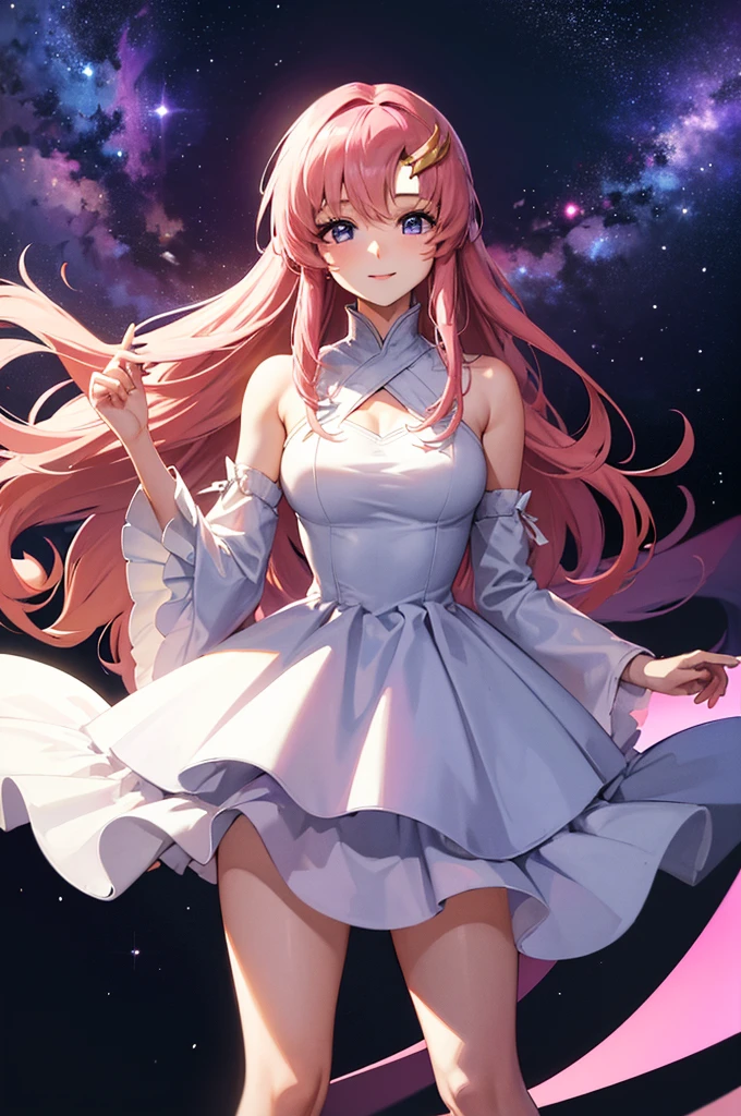 (masterpiece:1.3), (best quality:1.1), (8k, ultra detailed, ultra high res:1.2), ((anime style)), perfect 5 fingers, perfect anatomy, 
1girl,
BREAK long hair, 
pink hair, 
purple eyes,  
long dress, white dress, long sleeve, frill, frill skirt, detached sleeves, shoulder hole tops
looking at viewer, smile, standing, 
(cowboy shot1.5), 
perfect light, 
(detailed background:1.2), space, sun, star, moon, the cosmos, galaxy, 