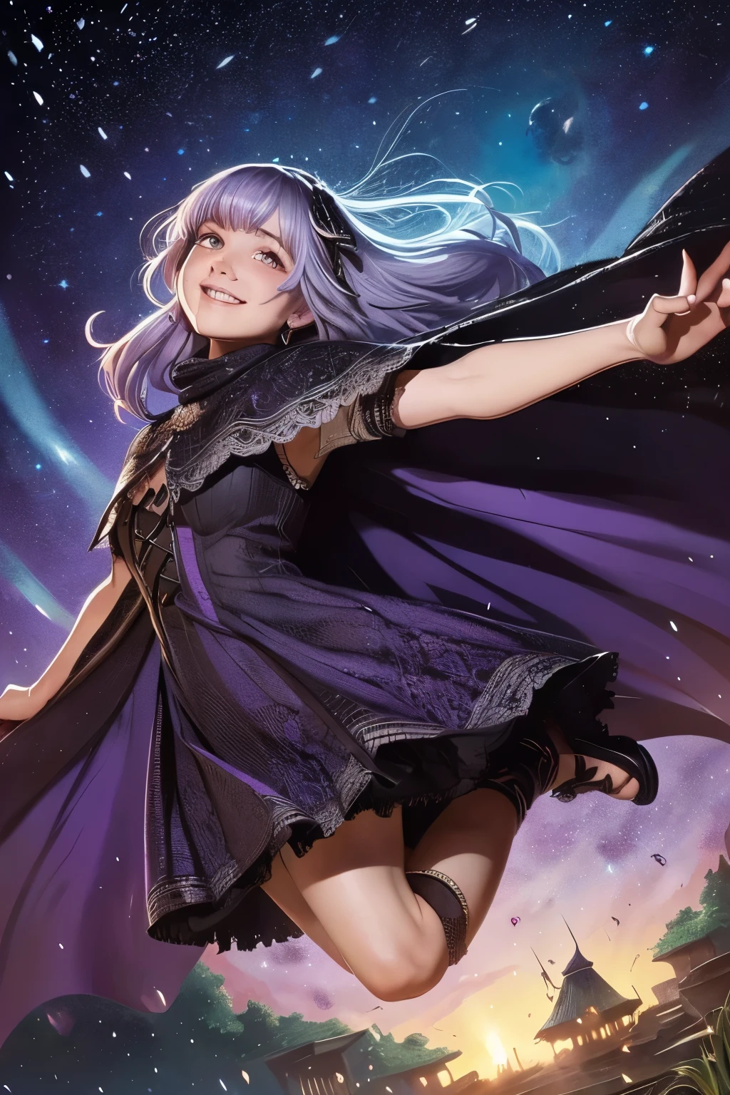 (Ultra-detailed face, smile), (Fantasy Illustration with Gothic & Ukiyo-e & Comic Art), (A young-aged dark elf woman with silver hair, blunt bangs, very long disheveled hair and dark purple skin, lavender eyes), (She holds a colorful scarf, wears a lacy, geometric orange cape dress, and laced sandals), BREAK (She is dancing flamenco in the heavy rain, looking up at the sky, jumping and turning in big, bold poses. Her body is glistening)
