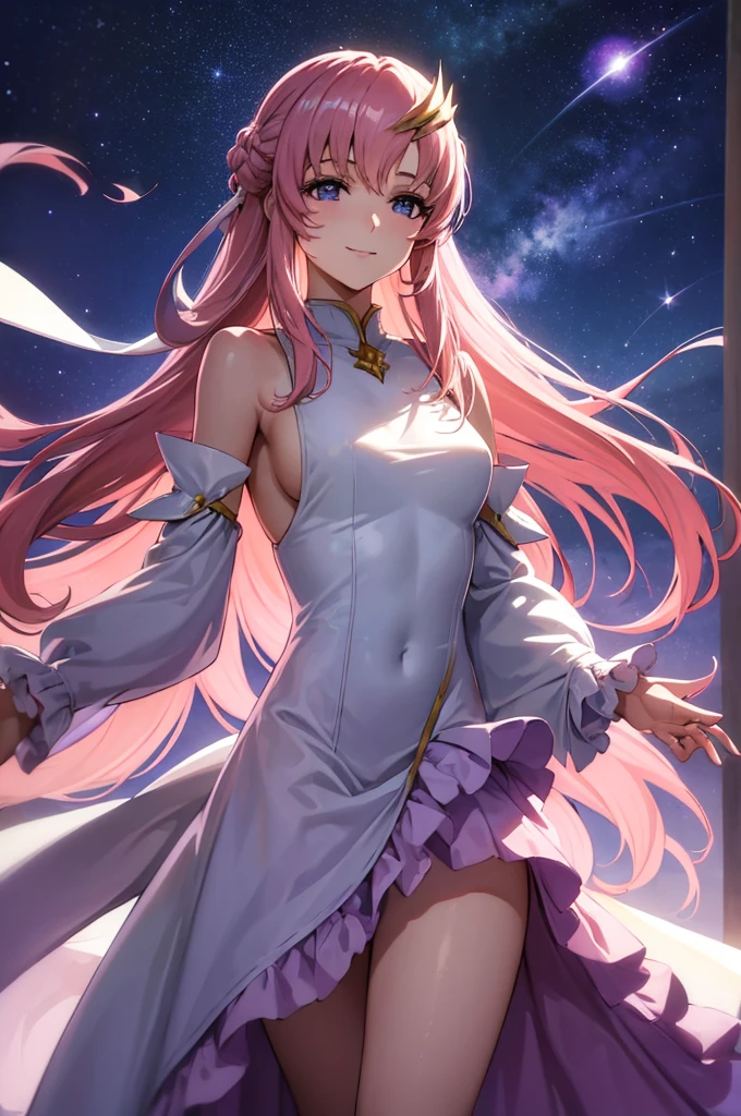 (masterpiece:1.3), (best quality:1.1), (8k, ultra detailed, ultra high res:1.2), ((anime style)), perfect 5 fingers, perfect anatomy, 
1girl,
BREAK long hair, 
pink hair, 
purple eyes,  
white cloth, long sleeve, frill, frill skirt, detached sleeves, shoulder hole tops, 
looking at viewer, smile, standing, 
(cowboy shot1.5), 
perfect light, 
(detailed background:1.2), space, sun, star, moon, the cosmos, galaxy, 