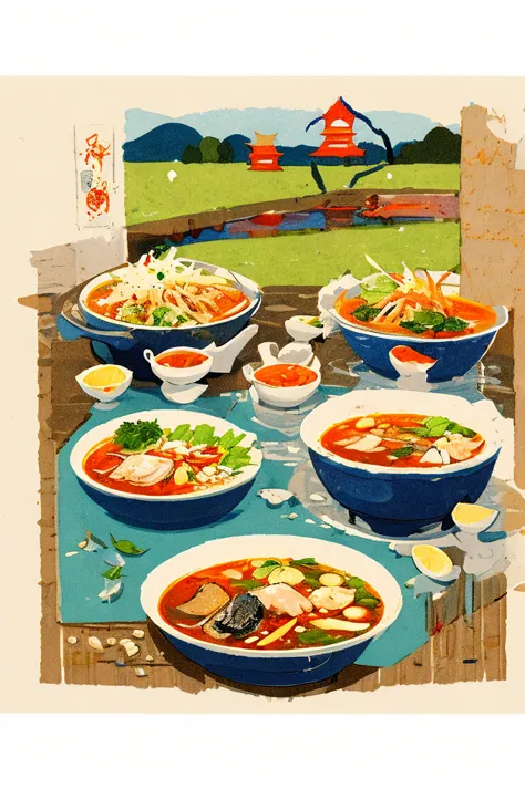 illustration: simple woodblock printing style, thai food, tom yum kung