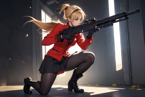 Elaizaikedareal, 1girl, solo, short hair, skirt, blonde hair, red eyes, gloves, ponytail, weapon, pantyhose, hairband, boots, ho...